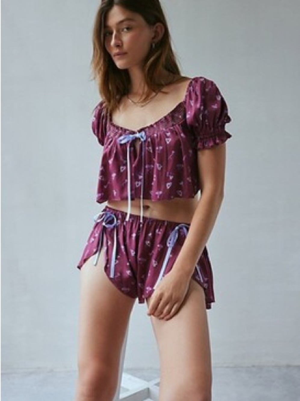 NWT Out From Under Plum & Lavender Printed Short Sleeve Crop Pajama Set